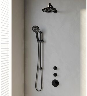 Brauer Inbouw Regendouche Set Brauer Black Edition Gebogen Wanduitloop Ronde Hoofddouche 20 cm Met Twee Stopkranen Handdouche 3 Standen en Glijstang Mat Zwart