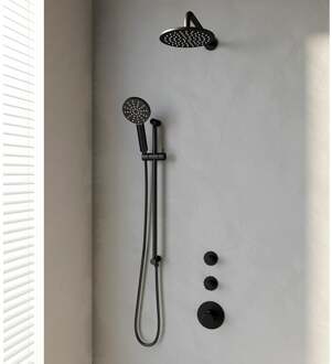 Brauer Inbouw Regendouche Set Brauer Black Edition Gebogen Wanduitloop Ronde Hoofddouche 20 cm Met Twee Stopkranen Handdouche 3 Standen en Glijstang Mat