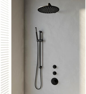 Brauer Inbouw Regendouche Set Brauer Black Edition Gebogen Wanduitloop Ronde Hoofddouche 30 cm Met Twee Stopkranen en Glijstang Mat Zwart