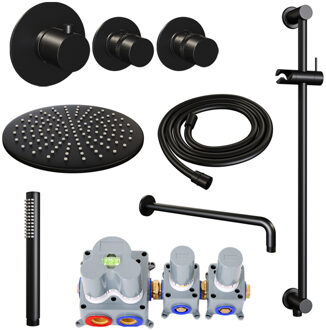 Brauer Inbouw Regendouche Set Brauer Black Edition Gebogen Wanduitloop Ronde Hoofddouche 30 cm Met Twee Stopkranen en Glijstang Mat Zwart