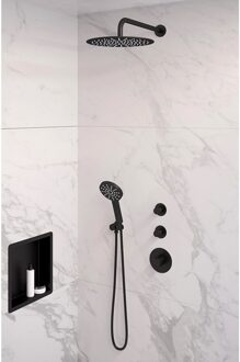 Brauer Inbouw Regendouche Set Brauer Black Edition Gebogen Wanduitloop Ronde Hoofddouche 30 cm Met Twee Stopkranen en Handdouche 3 Standen Mat Zwart