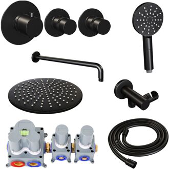 Brauer Inbouw Regendouche Set Brauer Black Edition Gebogen Wanduitloop Ronde Hoofddouche 30 cm Met Twee Stopkranen en Handdouche 3 Standen Mat Zwart