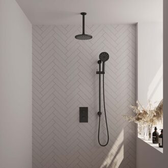 Brauer Inbouw Regendouche Set Brauer Black Edition Plafond Uitloop Ronde Hoofddouche 20 cm Met Glijstang en Handdouche 3 Standen Mat Zwart Brauer