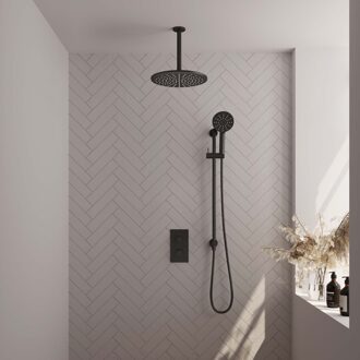 Brauer Inbouw Regendouche Set Brauer Black Edition Plafond Uitloop Ronde Hoofddouche 30 cm Met Glijstang en Handdouche 3 Standen Mat Zwart Brauer