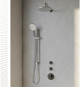 Brauer Inbouw Regendouche Set Brauer Brushed Edition Gebogen Wanduitloop Ronde Hoofddouche 20 cm Met Twee Stopkranen Glijstang en Handdouche 3 Standen RVS Look