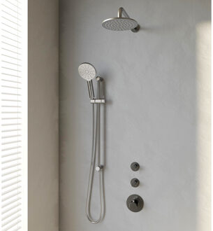Brauer Inbouw Regendouche Set Brauer Brushed Edition Gebogen Wanduitloop Ronde Hoofddouche 20 cm Met Twee Stopkranen Glijstang en Handdouche 3 Standen RVS