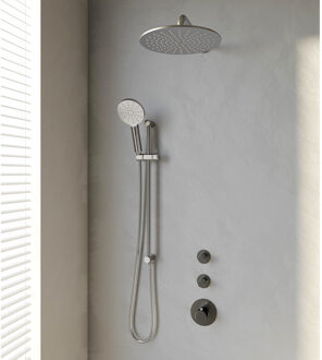 Brauer Inbouw Regendouche Set Brauer Brushed Edition Gebogen Wanduitloop Ronde Hoofddouche 30 cm Twee Stopkranen Glijstang en Handdouche 3 Standen RVS Look