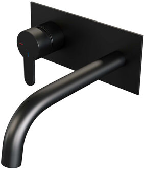 Brauer Inbouw Wastafelmengkraan Brauer Black Edition Coldstart Gebogen Uitloop Korte Platte Hendel Links Mat Zwart Met Afdekplaat