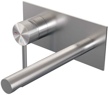 Brauer Inbouw Wastafelmengkraan Brauer Brushed Carving Coldstart Rechte Uitloop Ronde Hendel Links Geborsteld RVS PVD Met Afdekplaat Brauer