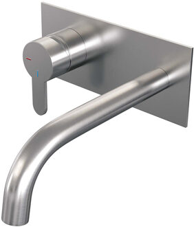 Brauer Inbouw Wastafelmengkraan Brauer Brushed Edition Coldstart Gebogen Uitloop Korte Platte Hendel Links Geborsteld RVS PVD Met Afdekplaat Brauer