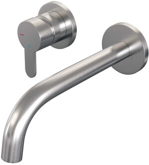 Brauer Inbouw Wastafelmengkraan Brauer Brushed Edition Coldstart Gebogen Uitloop Korte Platte Hendel Links Geborsteld RVS PVD Met Rozetten Brauer