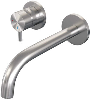 Brauer Inbouw Wastafelmengkraan Brauer Brushed Edition Coldstart Gebogen Uitloop Korte Ronde Hendel Links Geborsteld RVS PVD Met Rozetten Brauer