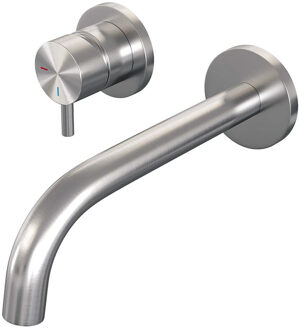 Brauer Inbouw Wastafelmengkraan Brauer Brushed Edition Coldstart Gebogen Uitloop Korte Ronde Hendel Links Geborsteld RVS PVD Met Rozetten Brauer