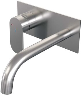 Brauer Inbouw Wastafelmengkraan Brauer Brushed Edition Coldstart Gebogen Uitloop Platte Hendel Links Geborsteld RVS PVD Met Afdekplaat Brauer