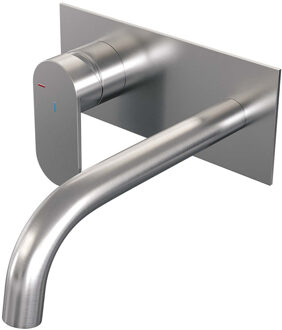 Brauer Inbouw Wastafelmengkraan Brauer Brushed Edition Coldstart Gebogen Uitloop Platte Hendel Links Geborsteld RVS PVD Met Afdekplaat