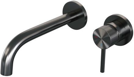 Brauer Inbouw Wastafelmengkraan Brauer Gunmetal Carving Coldstart Gebogen Uitloop Ronde Hendel Rechts Geborsteld Gunmetal Met Rozetten Brauer