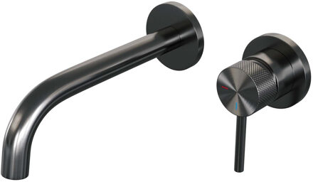 Brauer Inbouw Wastafelmengkraan Brauer Gunmetal Carving Coldstart Gebogen Uitloop Ronde Hendel Rechts Geborsteld Gunmetal Met Rozetten Brauer