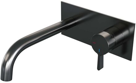Brauer Inbouw Wastafelmengkraan Brauer Gunmetal Edition Coldstart Gebogen Uitloop Halfronde Hendel Rechts Geborsteld Gunmetal PVD Met Afdekplaat