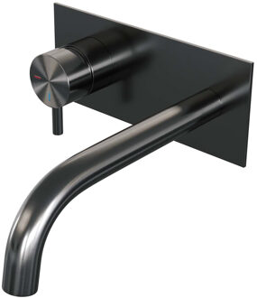 Brauer Inbouw Wastafelmengkraan Brauer Gunmetal Edition Coldstart Gebogen Uitloop Korte Ronde Hendel Links Geborsteld Gunmetal PVD Met Afdekplaat Brauer