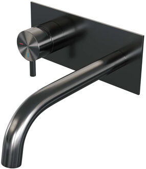 Brauer Inbouw Wastafelmengkraan Brauer Gunmetal Edition Coldstart Gebogen Uitloop Korte Ronde Hendel Links Geborsteld Gunmetal PVD Met Afdekplaat