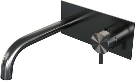 Brauer Inbouw Wastafelmengkraan Brauer Gunmetal Edition Coldstart Gebogen Uitloop Korte Ronde Hendel Rechts Geborsteld Gunmetal PVD Met Afdekplaat