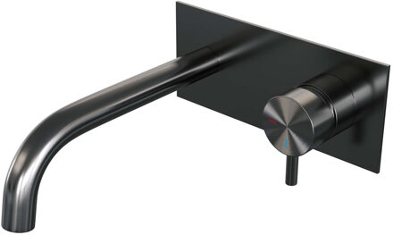 Brauer Inbouw Wastafelmengkraan Brauer Gunmetal Edition Coldstart Gebogen Uitloop Korte Ronde Hendel Rechts Geborsteld Gunmetal PVD Met Afdekplaat