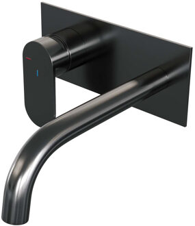 Brauer Inbouw Wastafelmengkraan Brauer Gunmetal Edition Coldstart Gebogen Uitloop Platte Hendel Links Geborsteld Gunmetal PVD Met Afdekplaat