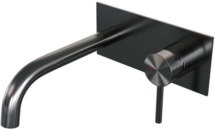 Brauer Inbouw Wastafelmengkraan Brauer Gunmetal Edition Coldstart Gebogen Uitloop Ronde Hendel Rechts Geborsteld Gunmetal PVD Met Afdekplaat