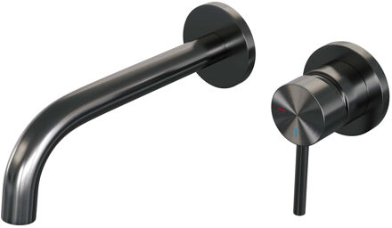 Brauer Inbouw Wastafelmengkraan Brauer Gunmetal Edition Coldstart Gebogen Uitloop Ronde Hendel Rechts Geborsteld Gunmetal PVD Met Rozetten Brauer