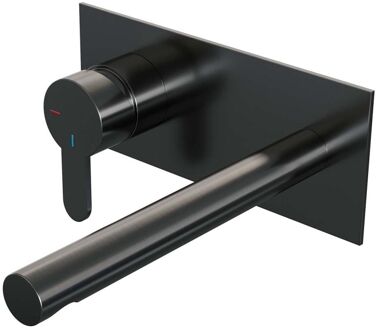 Brauer Inbouw Wastafelmengkraan Brauer Gunmetal Edition Coldstart Rechte Uitloop Korte Platte Hendel Links Geborsteld Gunmetal PVD Met Afdekplaat