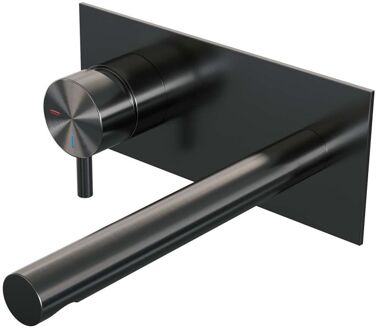Brauer Inbouw Wastafelmengkraan Brauer Gunmetal Edition Coldstart Rechte Uitloop Korte Ronde Hendel Links Geborsteld Gunmetal PVD Met Afdekplaat Brauer