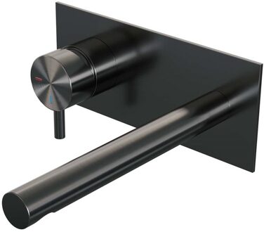 Brauer Inbouw Wastafelmengkraan Brauer Gunmetal Edition Coldstart Rechte Uitloop Korte Ronde Hendel Links Geborsteld Gunmetal PVD Met Afdekplaat