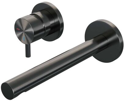 Brauer Inbouw Wastafelmengkraan Brauer Gunmetal Edition Coldstart Rechte Uitloop Korte Ronde Hendel Links Geborsteld Gunmetal PVD Met Rozetten Brauer