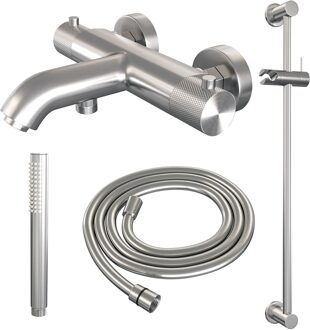 Brauer Opbouwset Bad- en Douchekraan Brauer Brushed Carving Thermostatisch Met Glijstang Geborsteld RVS