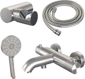 Brauer Opbouwset Bad- en Douchekraan Brauer Brushed Carving Thermostatisch Met Wandhouder En Handdouche 3 Standen Geborsteld RVS