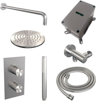 Brauer Regendoucheset Inbouw Brauer Brushed Carving Thermostatisch 20cm met 3-Weg Omstelling, Gebogen Wandarm en Staaf Handdouche Geborsteld RVS