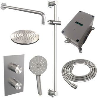 Brauer Regendoucheset Inbouw Brauer Brushed Carving Thermostatisch 20cm met 3-Weg Omstelling, Gebogen Wandarm, Glijstang en Handdouche 3-Standen Geborsteld RVS
