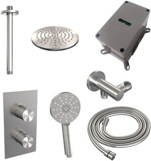 Brauer Regendoucheset Inbouw Brauer Brushed Carving Thermostatisch 20cm met 3-Weg Omstelling, Plafondarm en 3-Standen Handdouche Geborsteld RVS