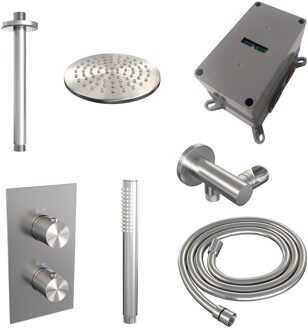 Brauer Regendoucheset Inbouw Brauer Brushed Carving Thermostatisch 20cm met 3-Weg Omstelling, Plafondarm en Staaf Handdouche Geborsteld RVS