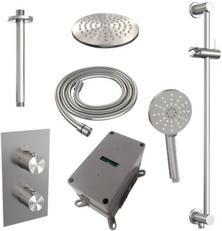 Brauer Regendoucheset Inbouw Brauer Brushed Carving Thermostatisch 20cm met 3-Weg Omstelling, Plafondarm, Glijstang en Handdouche 3-Standen Geborsteld RVS