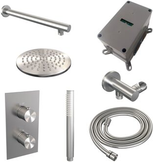 Brauer Regendoucheset Inbouw Brauer Brushed Carving Thermostatisch 20cm met 3-Weg Omstelling, Wandarm en Staaf Handdouche Geborsteld RVS