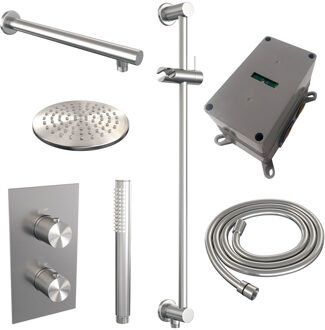 Brauer Regendoucheset Inbouw Brauer Brushed Carving Thermostatisch 20cm met 3-Weg Omstelling, Wandarm, Glijstang en Staaf Handdouche Geborsteld RVS