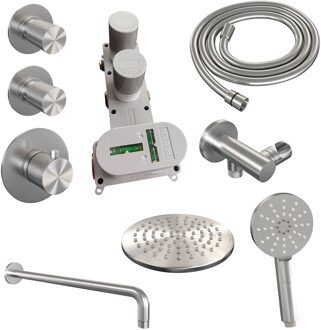 Brauer Regendoucheset Inbouw Brauer Brushed Carving Thermostatisch 20cm met Gebogen Wandarm en Handdouche 3-Standen Losse Stopkranen Geborsteld RVS