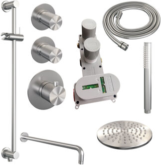 Brauer Regendoucheset Inbouw Brauer Brushed Carving Thermostatisch 20cm met Gebogen Wandarm, Glijstang en Handdouche Staaf Losse Stopkranen Geborsteld RVS