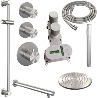 Brauer Regendoucheset Inbouw Brauer Brushed Carving Thermostatisch 20cm met Wandarm, Glijstang en Handdouche Staaf Losse Stopkranen Geborsteld RVS