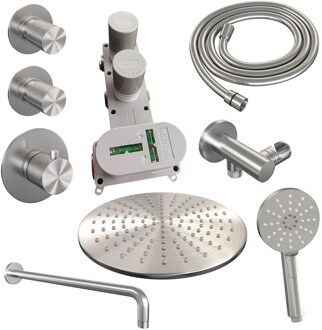 Brauer Regendoucheset Inbouw Brauer Brushed Carving Thermostatisch 30 cm met Gebogen Wandarm en Handdouche 3-Standen Losse Stopkranen Geborsteld RVS Brauer