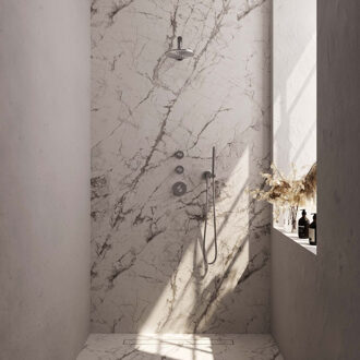 Brauer Regendoucheset Inbouw Brauer Brushed Carving Thermostatisch 30 cm met Wandarm en Handdouche 3-Standen Losse Stopkranen Geborsteld RVS Brauer