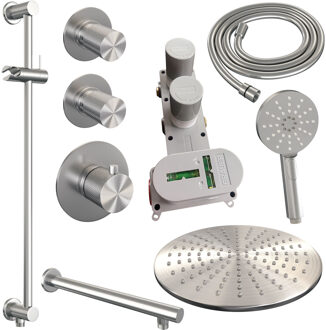 Brauer Regendoucheset Inbouw Brauer Brushed Carving Thermostatisch 30 cm met Wandarm, Glijstang en Handdouche 3-Standen Losse Stopkranen Geborsteld RVS