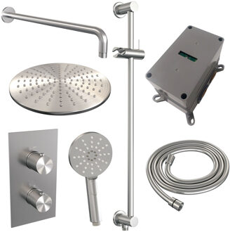 Brauer Regendoucheset Inbouw Brauer Brushed Carving Thermostatisch 30cm met 3-Weg Omstelling, Gebogen Wandarm, Glijstang en 3-Standen Handdouche Geborsteld RVS