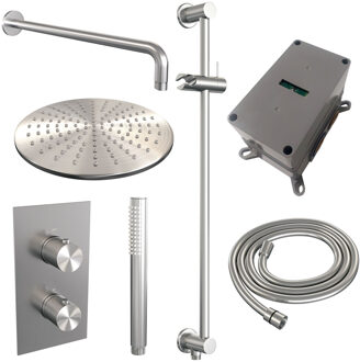 Brauer Regendoucheset Inbouw Brauer Brushed Carving Thermostatisch 30cm met 3-Weg Omstelling, Gebogen Wandarm, Glijstang en Staaf Handdouche Geborsteld RVS